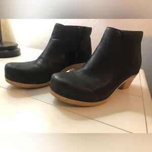 Dansko Black Leather Ankle Boots with Tan Soles